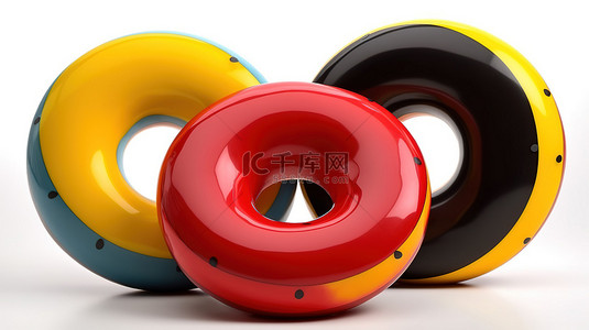 充满活力的抽象 3d 几何红色圆环甜甜圈黄色球体锥体和白色背景上的黑色腿