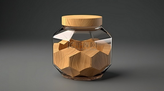 木制茶壶背景图片_3D 渲染的带有木盖的六角形罐子的孤立模型