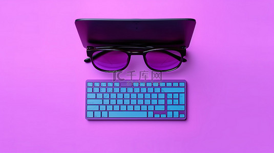 紫色背景的简约顶视图，配有笔记本电脑鼠标和浮雕 3D 眼镜