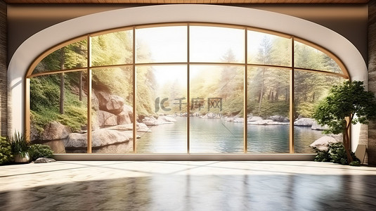 家居背景背景图片_豪华内饰的 3D 渲染插图，带有全景窗户，可俯瞰风景秀丽的自然景观