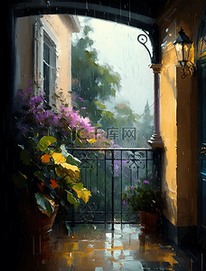 鲜花雨中的阳台花园油画花卉背景