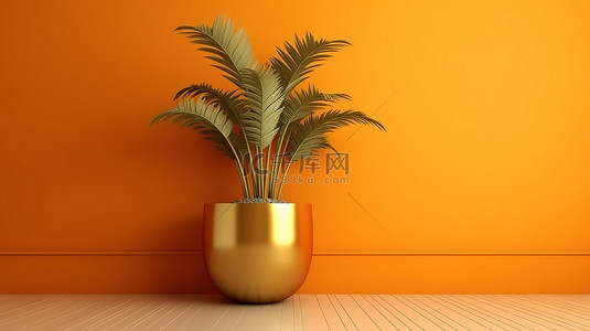 橙色室内房间 3d 图标，具有四腿金盆中的单个单色室内植物