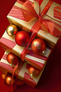 还有背景背景图片_红色和金色的礼物，还有一些礼品球