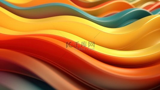 充满活力的橙色波浪比较 3D 渲染的彩色波浪水平显示
