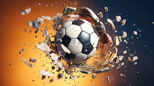 部分拆除的足球与飞行碎片的 3D 插图