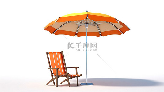 旅行白色背景图片_白色背景上孤立的沙滩伞和躺椅的 3D 插图