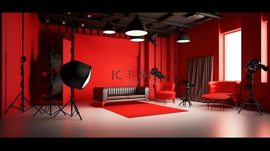 具有柔光箱照明和 3D 渲染的红色背景摄影工作室