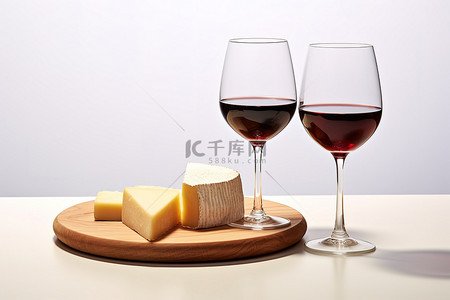 白色背景中的两个白葡萄酒杯和一块奶酪板