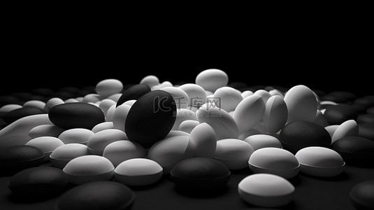 补充瓶背景图片_散落在黑色上的白色药丸的药物制剂 3D 渲染
