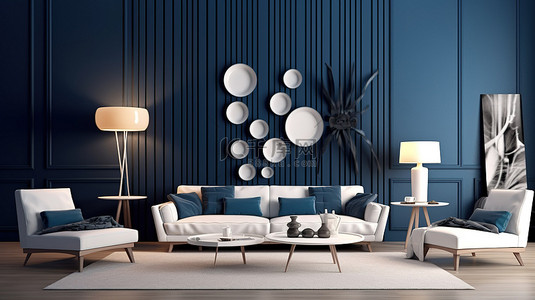 木地板客厅背景图片_现代休息室配有白色家具深蓝色墙壁和娱乐设施 3D 渲染