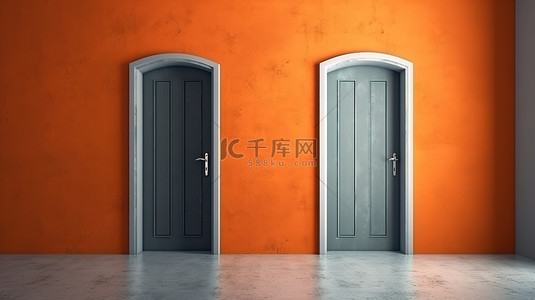 1 带有混凝土墙和木镶木地板的橙色木门的 3D 渲染