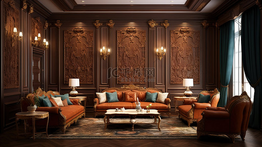 优雅的经典休息室配有豪华沙发别致的扶手椅和雕刻木墙 3D 渲染