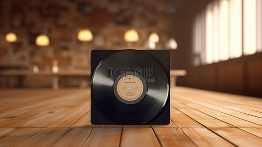 唱片公司背景图片_木桌上空纸套中的老式乙烯基唱片，带有用于定制设计 3D 渲染的空间