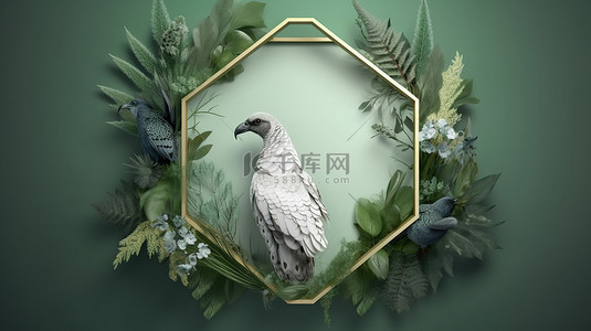 装饰羽毛背景图片_3D 渲染中带有羽毛和豌豆装饰的六角形框架
