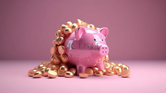 金币堆积在粉红色存钱罐的 3d 渲染中，象征着购物储蓄