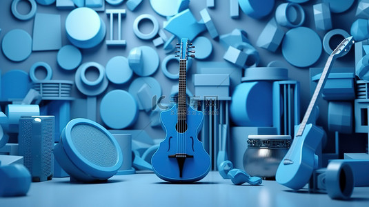 几何形状背景与蓝色乐器的 3d 渲染