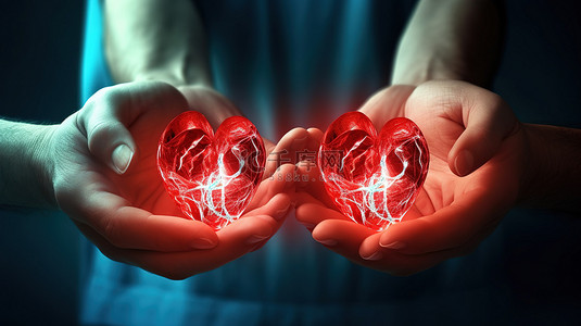 医生的手背景图片_双手拥抱 3D 心脏和心电图，突出医疗保险健康医学和慈善