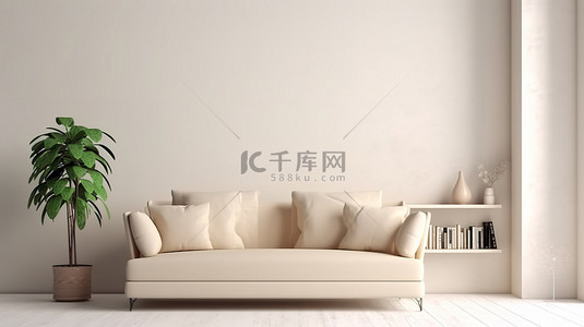 现代生活空间，配有米色沙发和简约的白墙书籍封面，由真正的 3D 渲染艺术家设计