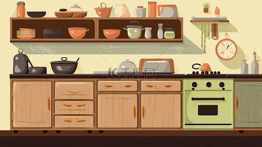 厨具用品背景图片_厨房锅碗柜子卡通