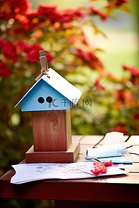 小鸟背景图片_邮件放在红色小鸟舍旁边的桌子上