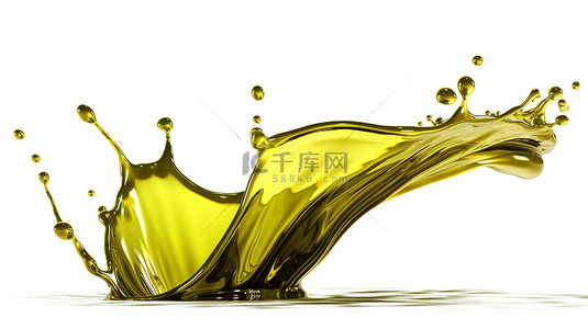 喷水水滴的花洒背景图片_在 3D 插图中溅洒橄榄油或机油，并在白色上隔离剪切路径