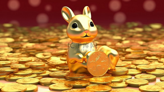中式文化背景图片_金兔和中国货币 3D 呈现的促销理念