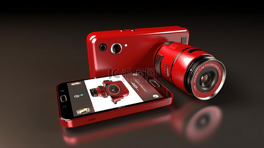 显示社交媒体和投资组合的相机和智能手机的 3D 渲染