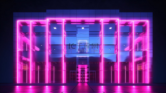 一座高大的黑暗建筑的 3D 渲染，用粉红色的灯光和 LED 屏幕照亮