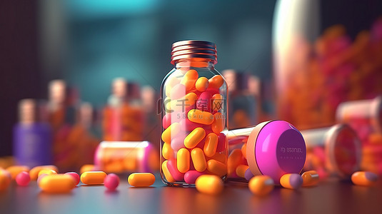 糖浆瓶背景图片_药片和瓶子的 3D 渲染插图
