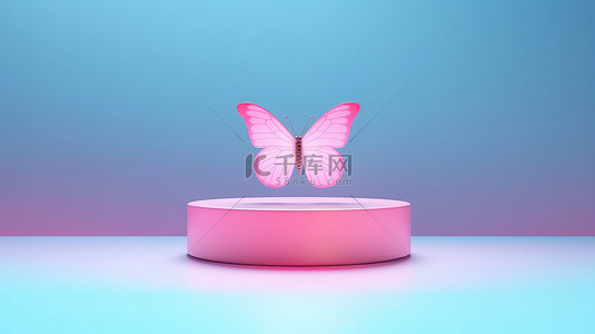 优雅的蝴蝶在粉红色和蓝色的促销片中翱翔，以双色调风格站立在 3D 渲染的充满活力的背景上