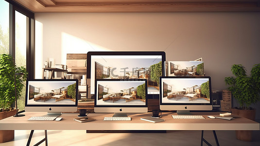 用户设置背景图片_在设备屏幕上设置带有 3D 渲染响应式网站的家庭办公室