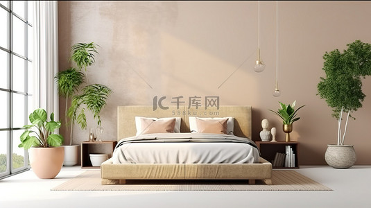 梦想家具背景图片_在 3D 渲染中使用家具模型和豪华床铺风格打造您梦想的客厅