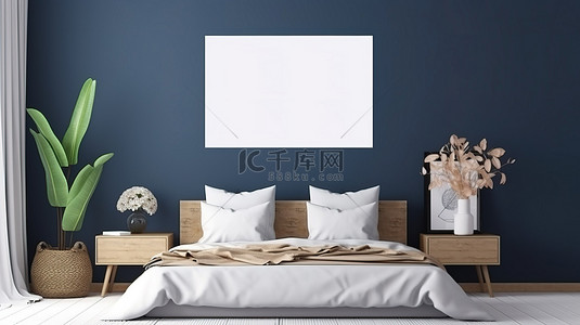 卧室墙壁装饰展示深蓝色模型框架，配有白色和蓝色枕头渲染 3D 图像