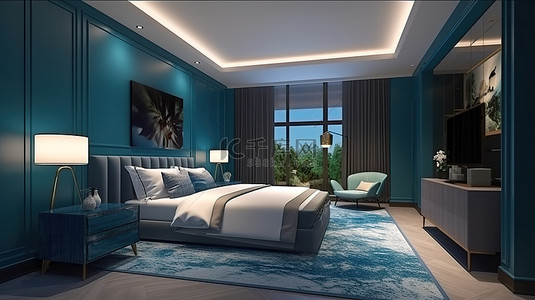 蓝色酒店背景图片_酒店内配有电视和实用桌子的豪华蓝色卧室套房的令人惊叹的 3D 可视化效果
