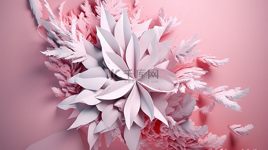 冬季自然抽象粉红叶和白色雪花的 3D 渲染
