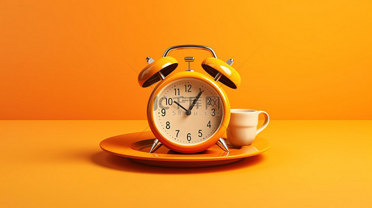 用咖啡唤醒闹钟杯，在充满活力的橙色背景 3d 渲染上