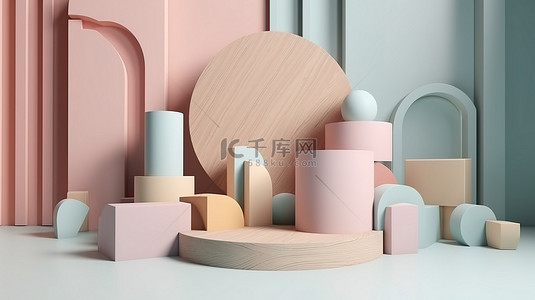 木质讲台背景，具有柔和的彩色几何形状，用于 3D 渲染中的抽象产品模拟场景