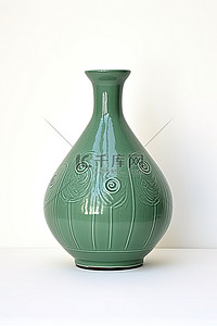 青瓷背景图片_带有装饰图案的东方绿色花瓶