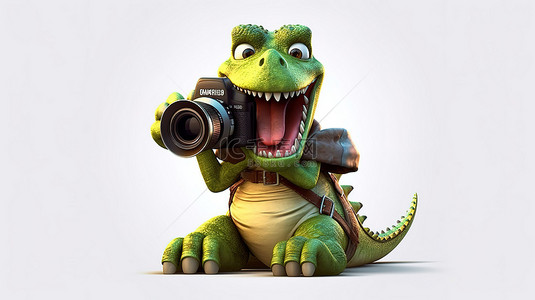 可爱拍照背景图片_搞笑的 3D 恐龙用相机拍照