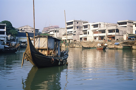 一些船停在建筑物附近的一条小河上