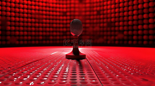 站立的麦克风背景图片_麦克风的 3D 渲染照亮了充满活力的红色舞台