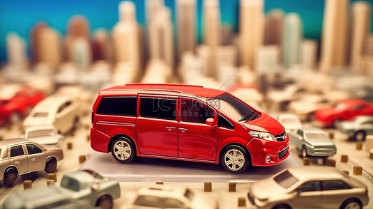 红色城市车背景图片_红色家庭城市汽车的高级商务小型货车 3D 插图