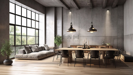 工业别致的客厅配有裸露的水泥墙和木地板，配有沙发和餐桌套装3D渲染