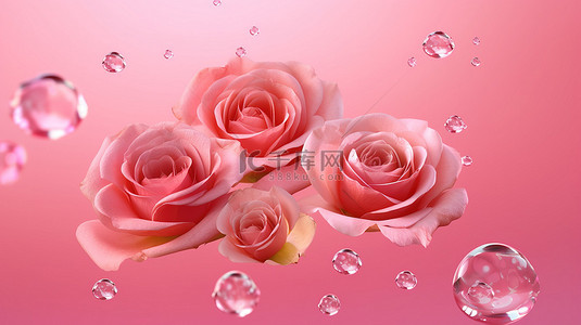粉红色背景与浮动玫瑰花的 3d 渲染