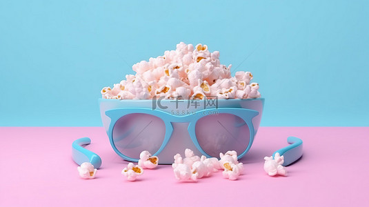 电影电影院背景图片_淡粉色和蓝色设置爆米花 3D 眼镜和电视遥控器
