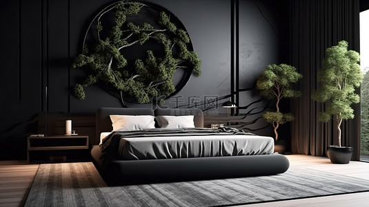 当代黑色豪华卧室，配有植物和现代地毯 3D 渲染