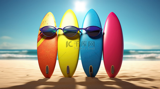 阳光明媚的 3D 插图，带有太阳镜沙滩球和热带海滩背景中的两个冲浪板