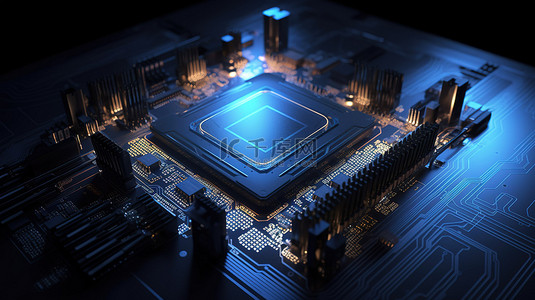 科技cpu背景图片_蓝光照明未来 CPU 处理器的主板电路板 3D 渲染
