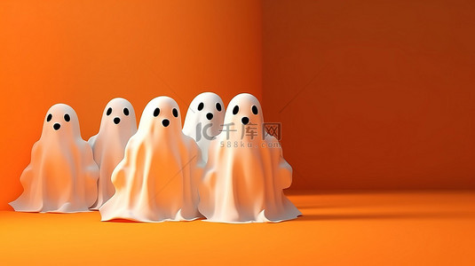现代 3D 万圣节设计白色幽灵剪影橙色背景