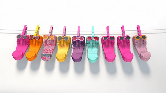充满活力的现代凉鞋和挂在晾衣绳上的粉色色调，与 3D 创建的白色背景相映衬